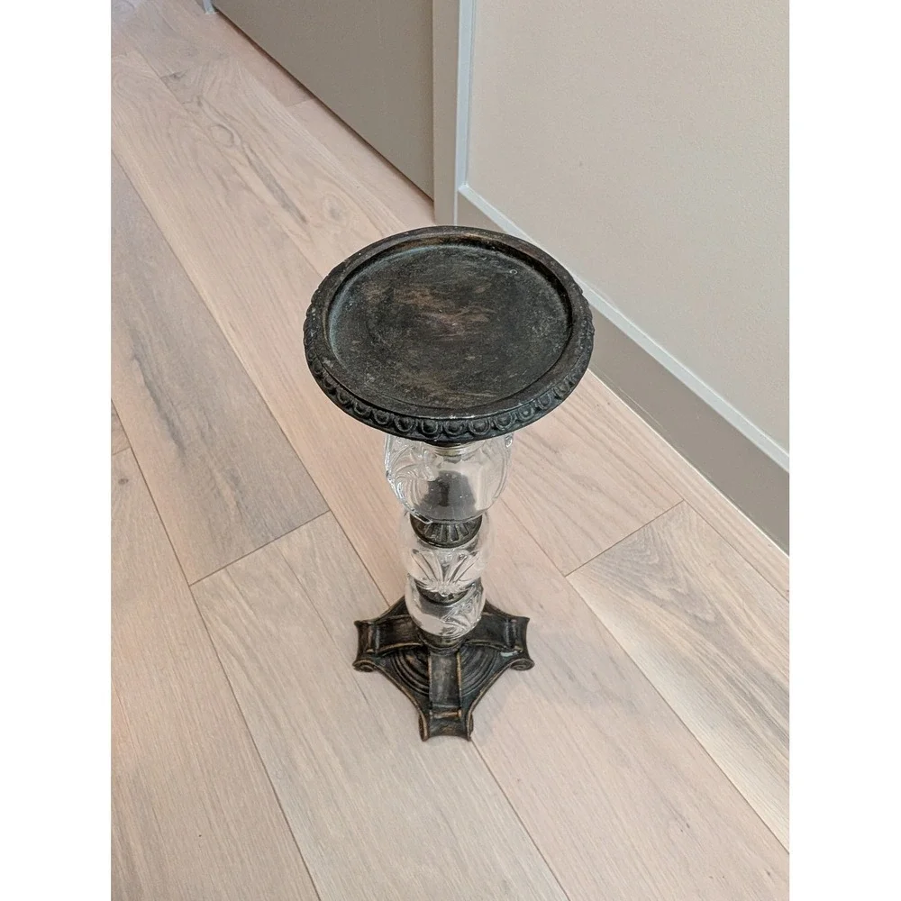 Vintage Inspired Bronze & Glass Pillar Candle Holder | 16